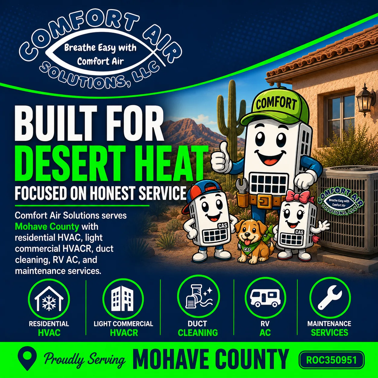 Comfort Air Solutions graphic showing residential HVAC, light commercial HVACR, duct cleaning, RV air conditioning and maintenance services in Mohave County
