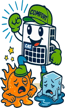Comfort Air Solutions character standing over a worn out sun and melting ice block
