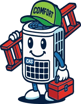 Comfort Air Solutions character carrying a ladder and tool box to a service call
