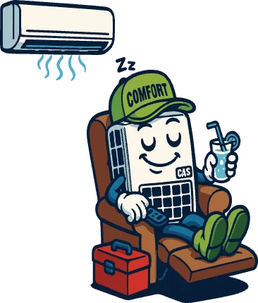 Comfort Air Solutions character relaxing in a recliner under a running mini-split