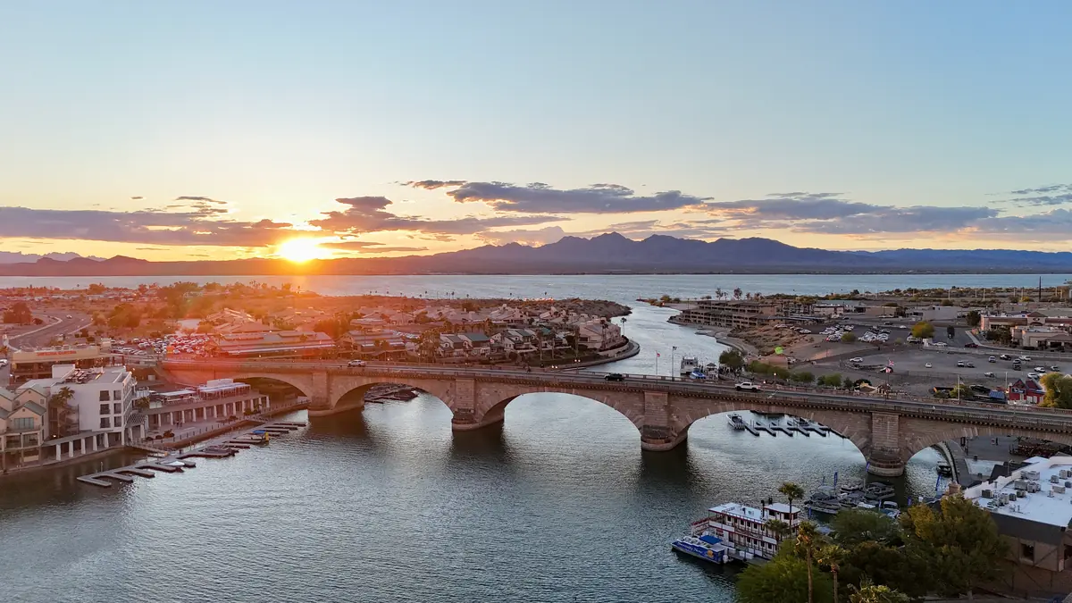 Aerial view of London Bridge and the Lake Havasu City channel